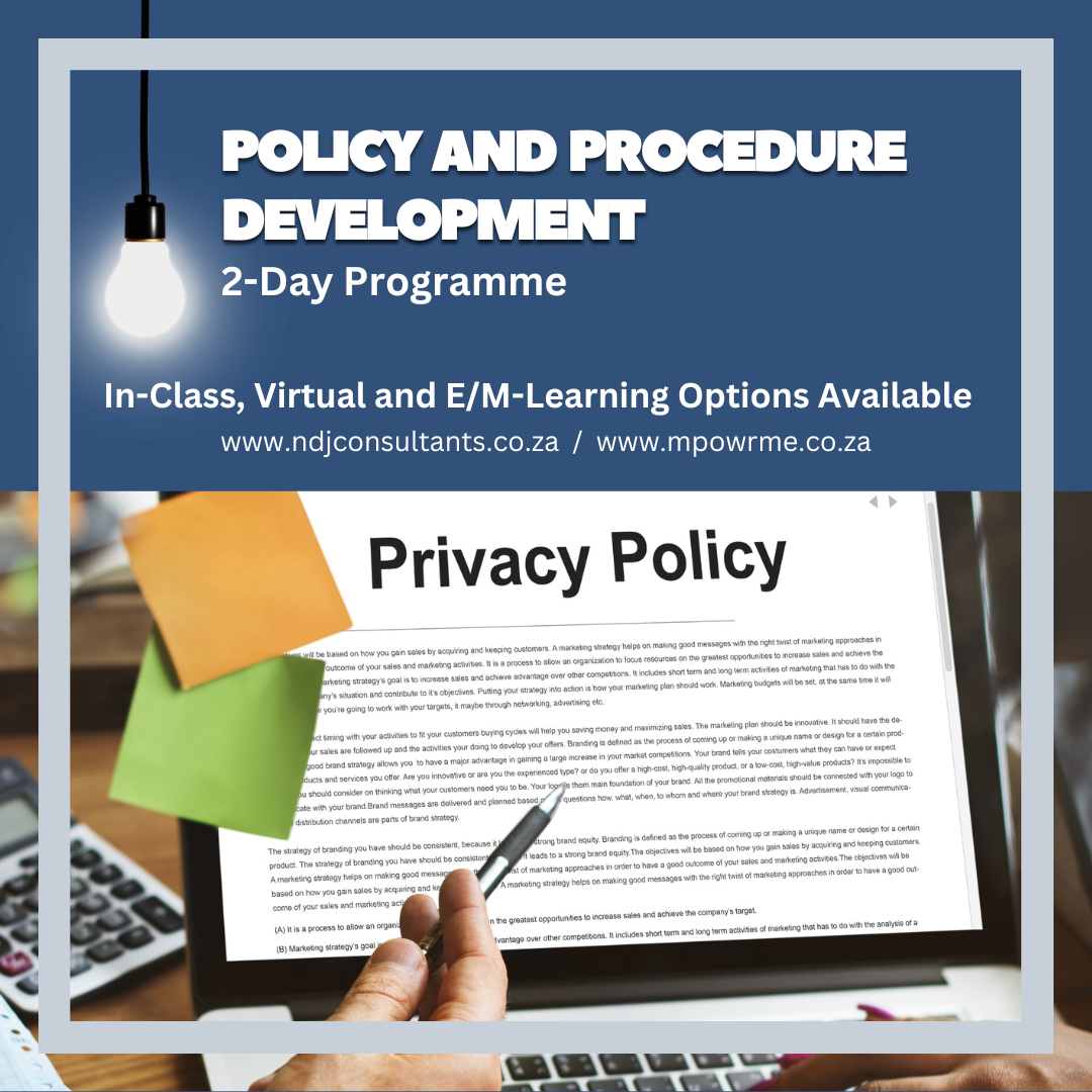 This programme will get learners up to speed on writing and developing your organisation’s policies and procedures by gaining rules, strategies and guidelines that will ensure they get the results they want - well written policies and procedures that are read and understood by all.